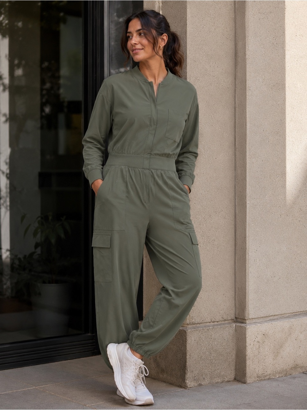 Athleta Brooklyn long sleeve jumpsuit. Size 16 deep green NWT.